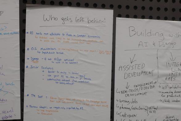 A drawing board with a lot of notes under the headline "Who gets left behind" - not transcribed here, since it's elaborated in thread. Next to it, most of another drawing board "Building with AI & Django" is visible with some points that aren't discussed here.